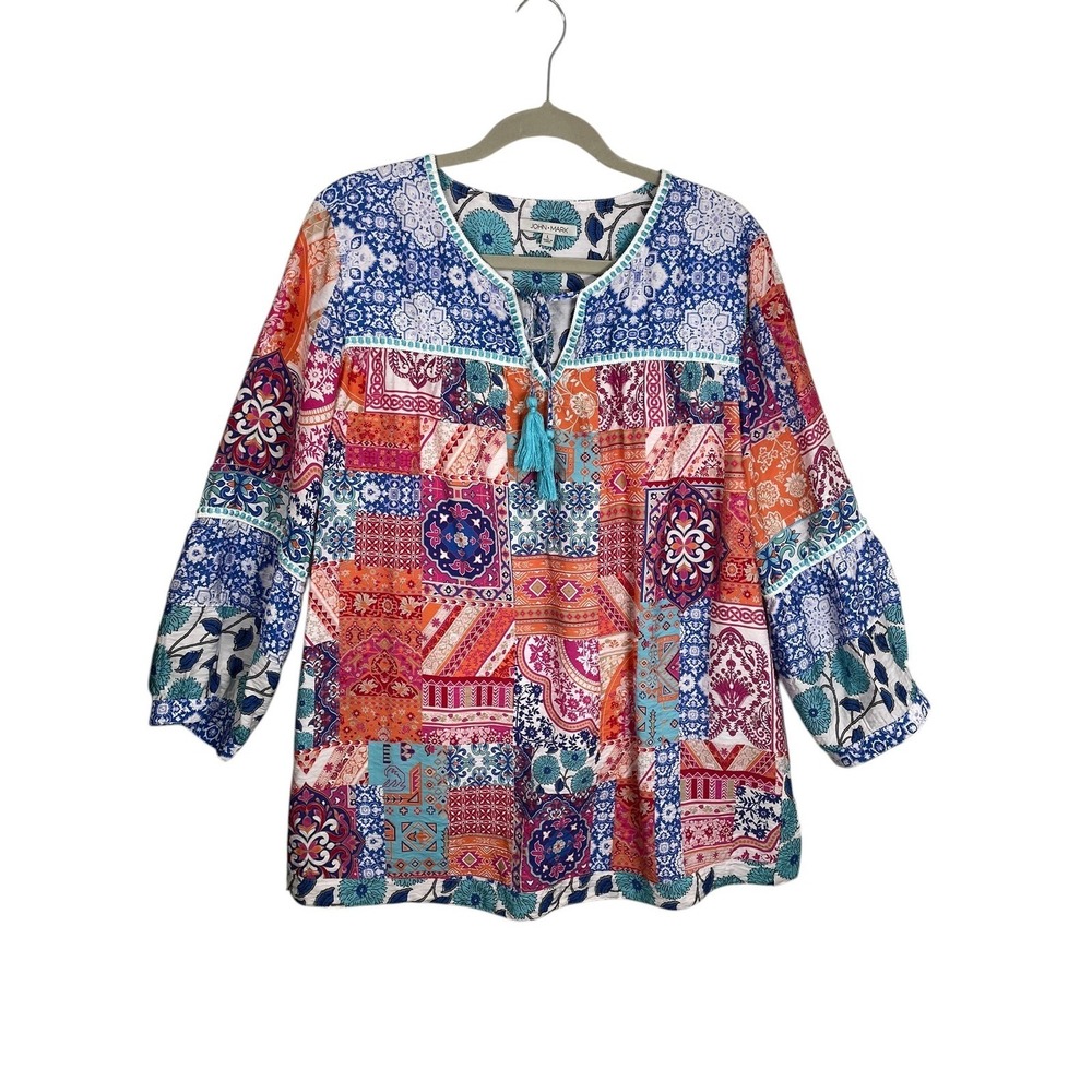 John Mark Large Boho Patchwork Tunic Folk Floral 3/4 Balloon Sleeve Tassel